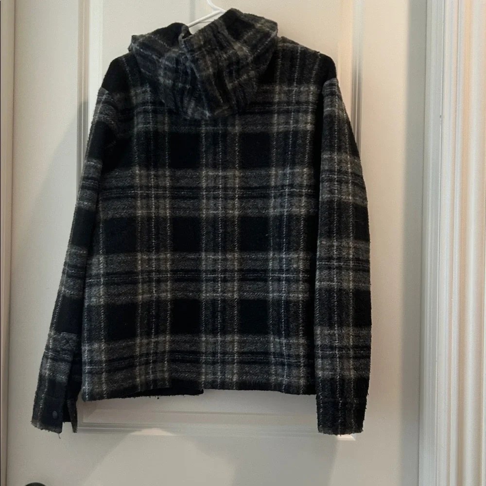 Banana Republic Plaid Hooded snap Jacket poly wool blend front pockets size S